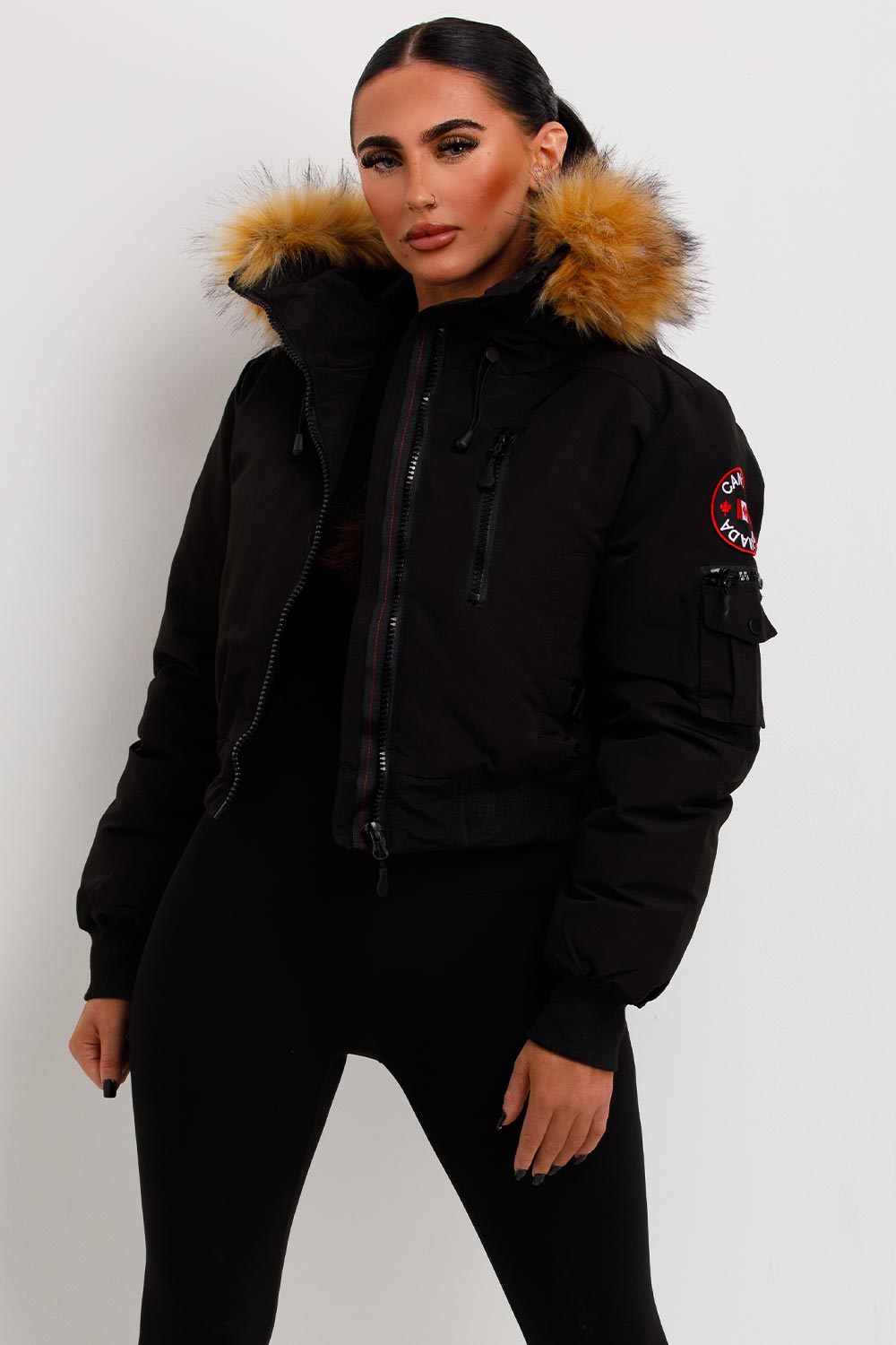 Canada Crop Bomber Jacket With Fur Hood Black