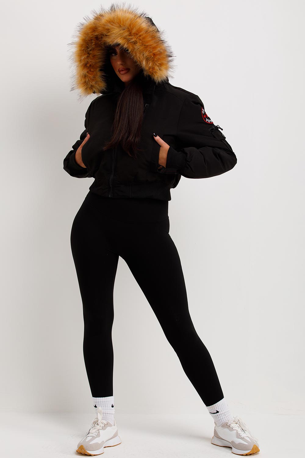 Canada Crop Bomber Jacket With Fur Hood Black