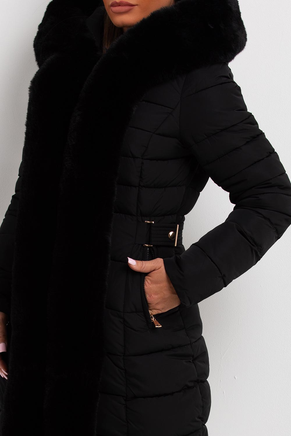 Puffer Padded Coat With Faux Fur Hood Black