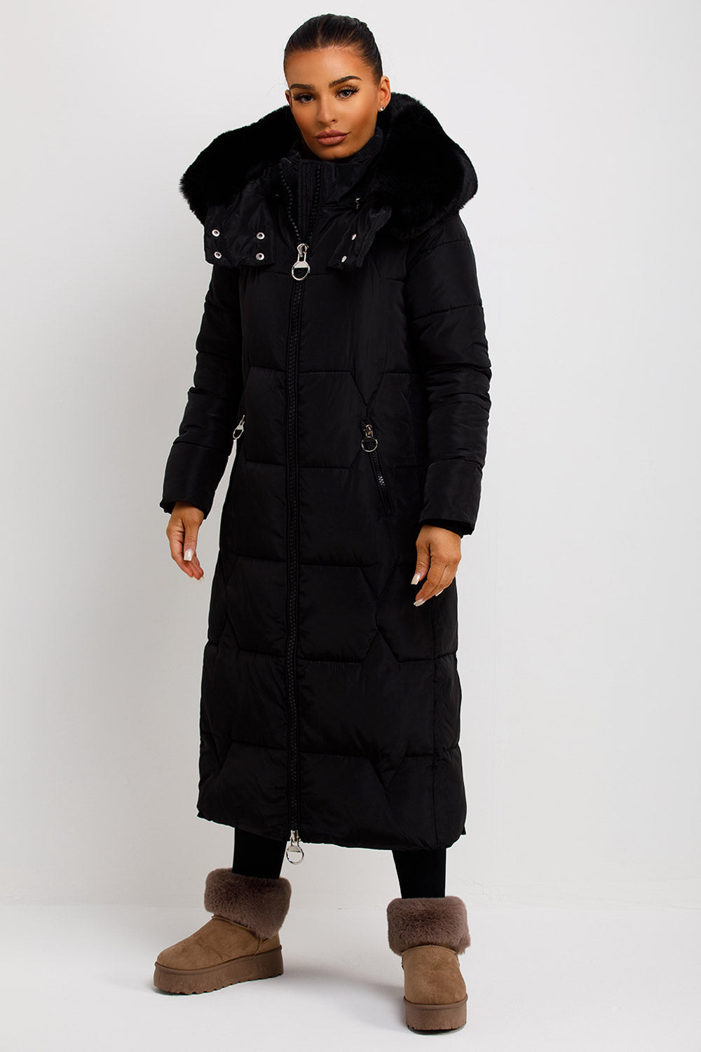 Long Puffer Padded Coat With Faux Fur Hood Black