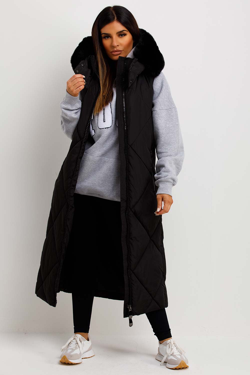 Black Long Puffer Gilet With Fur Hood