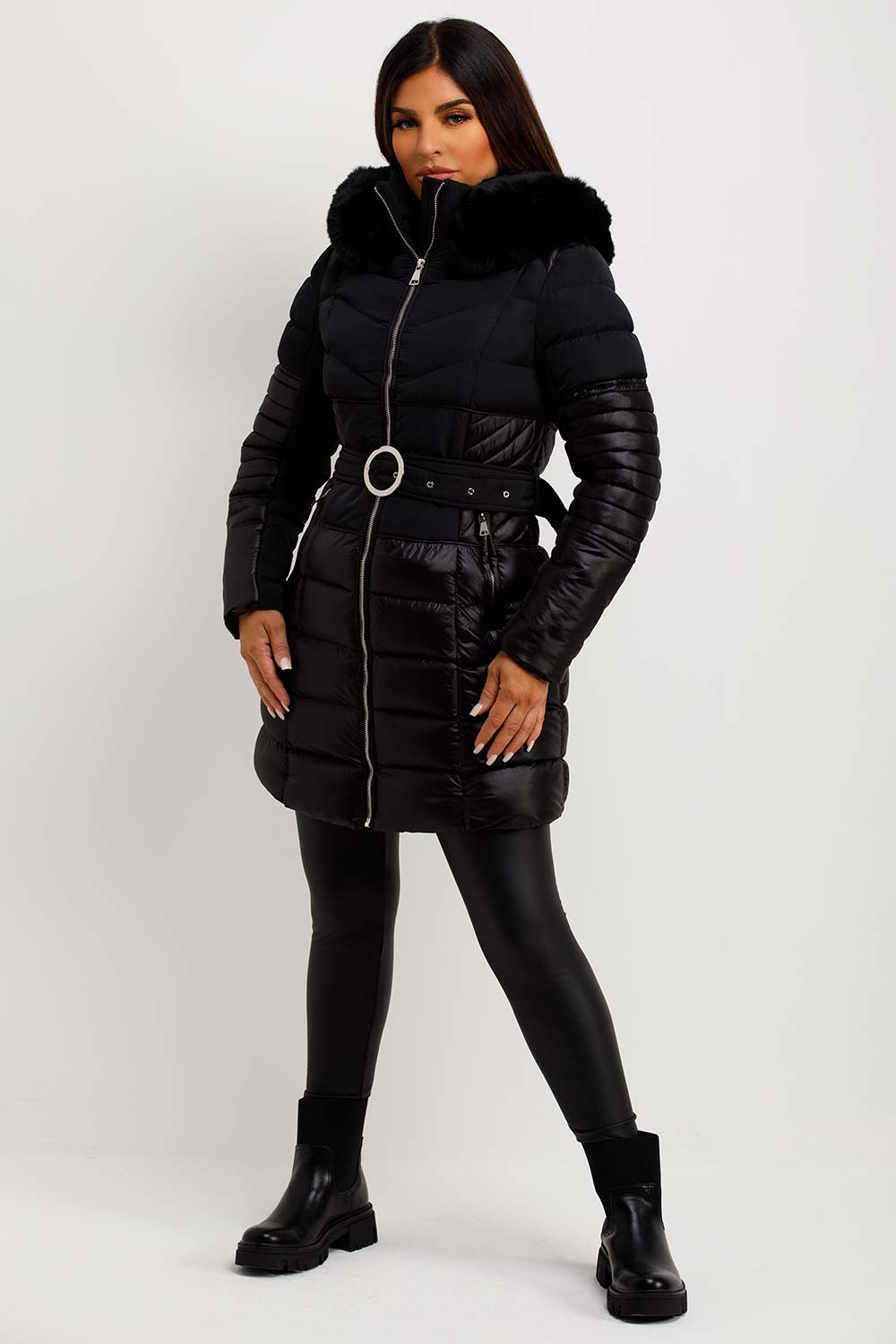 Puffer Coat With Fur Hood And Belt Black