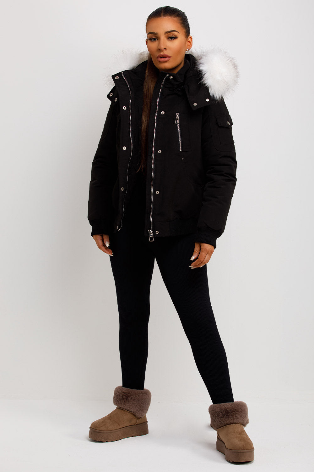 Canada Bomber Jacket With Faux Fur Hood Black