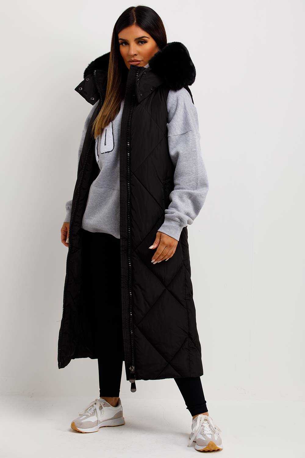 Black Long Puffer Gilet With Fur Hood