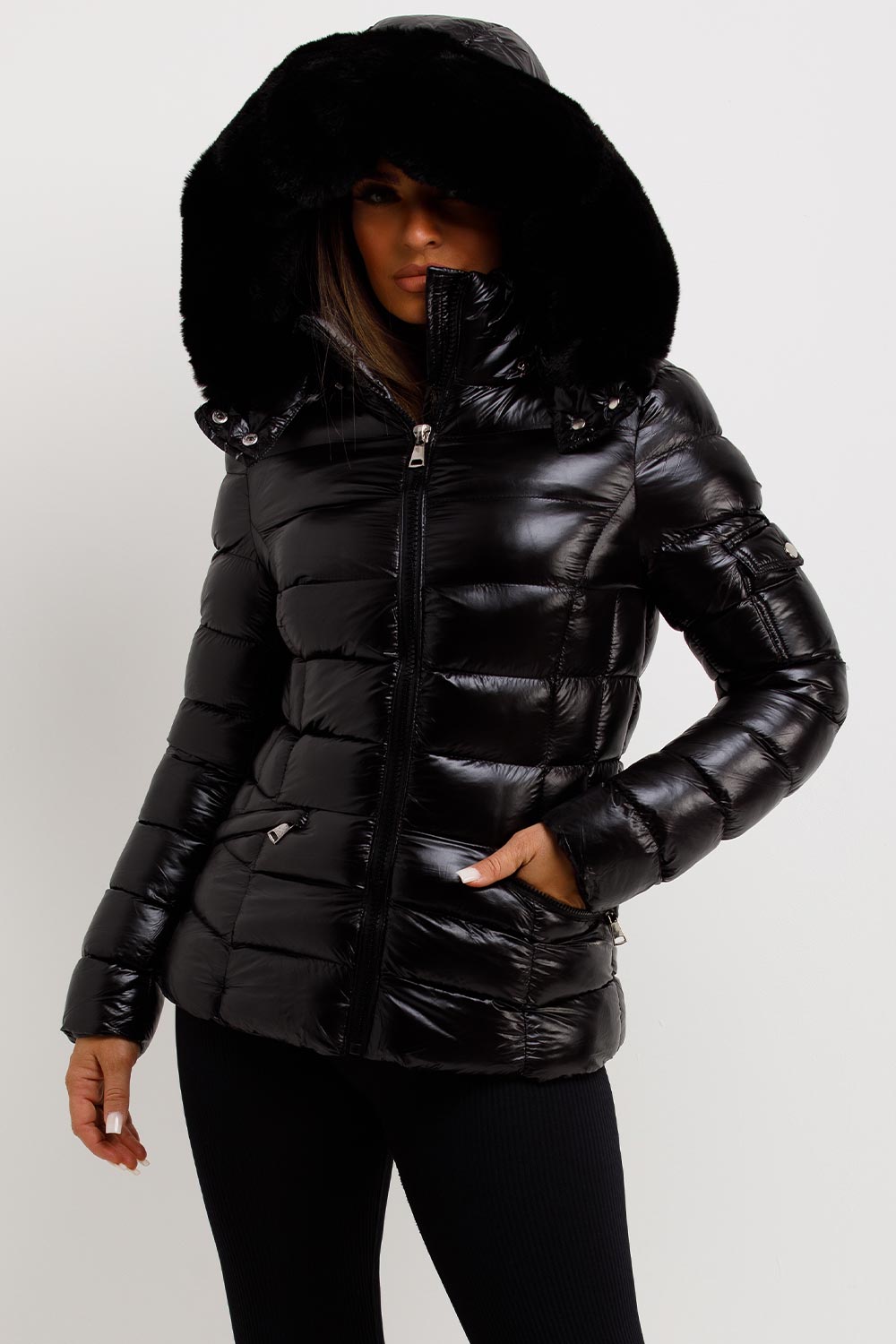 Black Shiny Puffer Jacket With Fur Hood