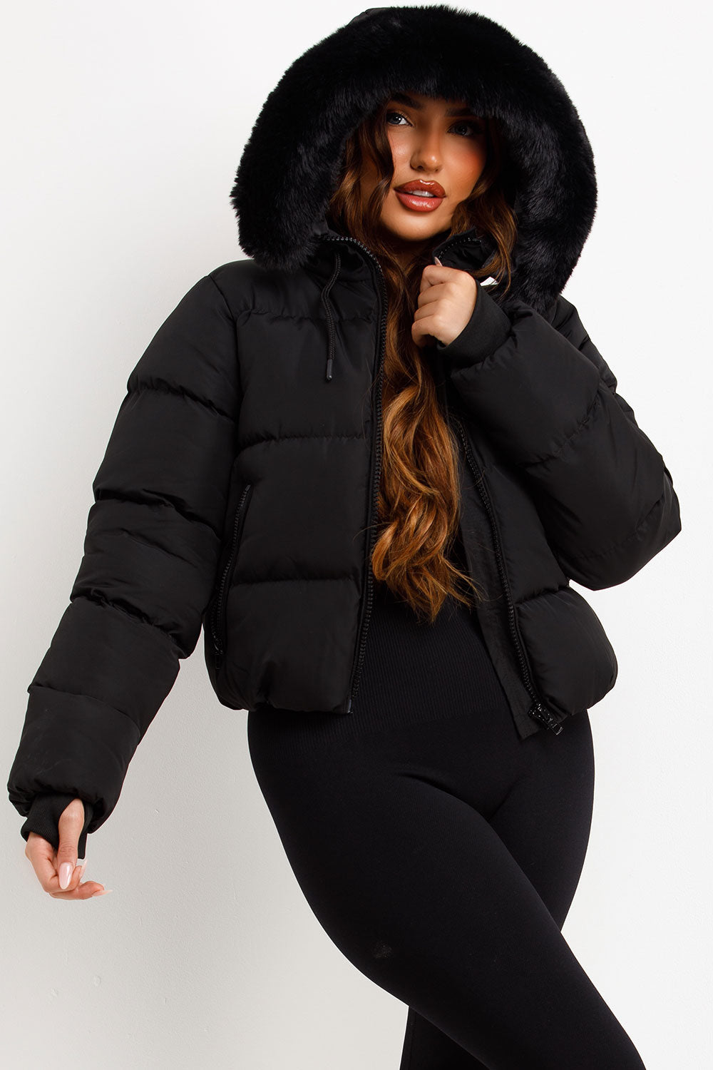 Black Puffer Jacket With Fur Hood