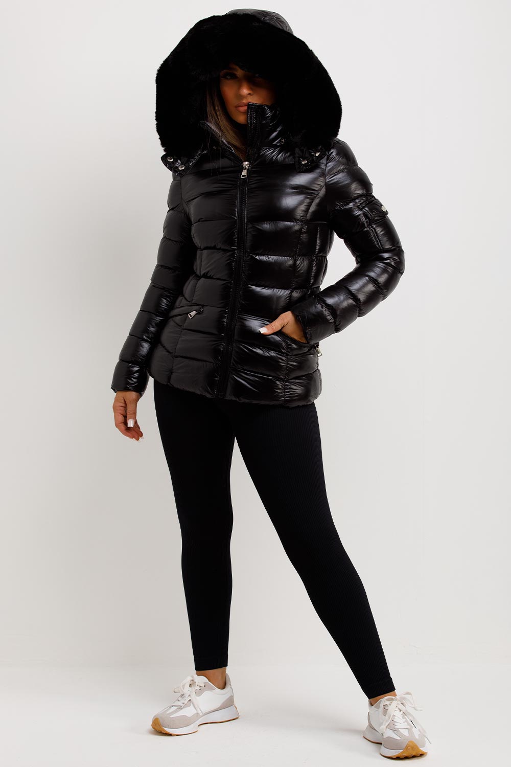 Black Shiny Puffer Jacket With Fur Hood