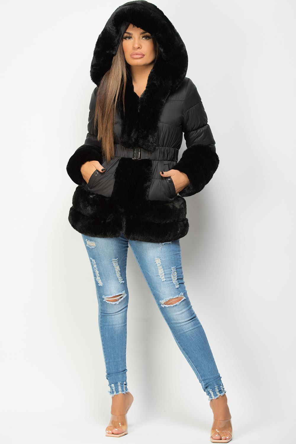 Faux Fur Trim Puffer Hooded Down Jacket With Belt