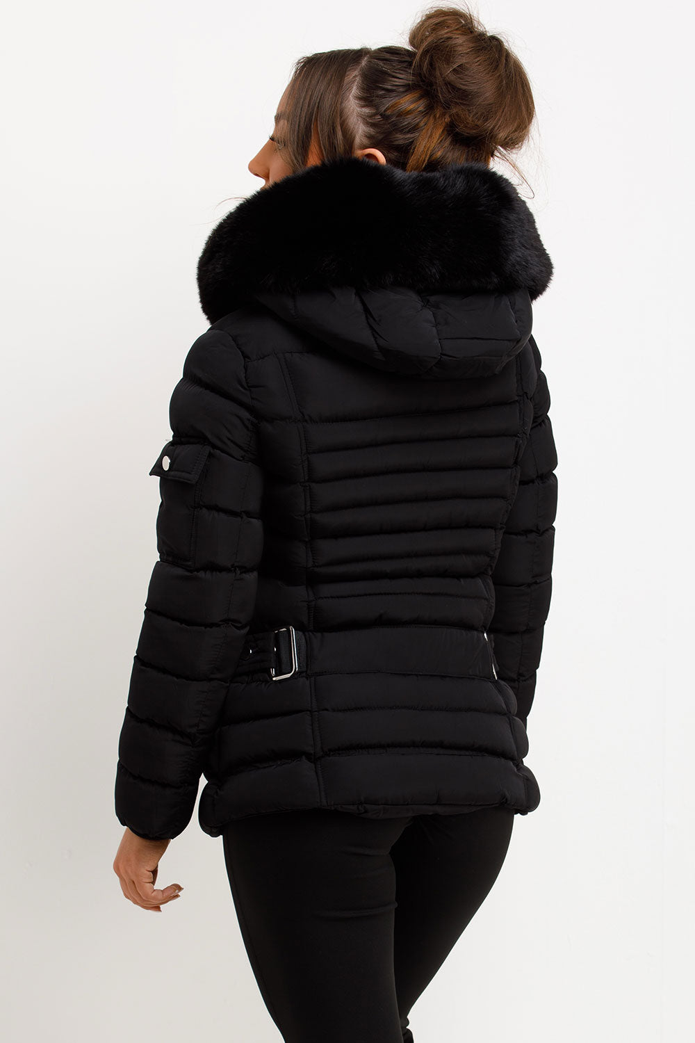 Puffer Jacket With Faux Fur Hood Side Buckle Detail Black