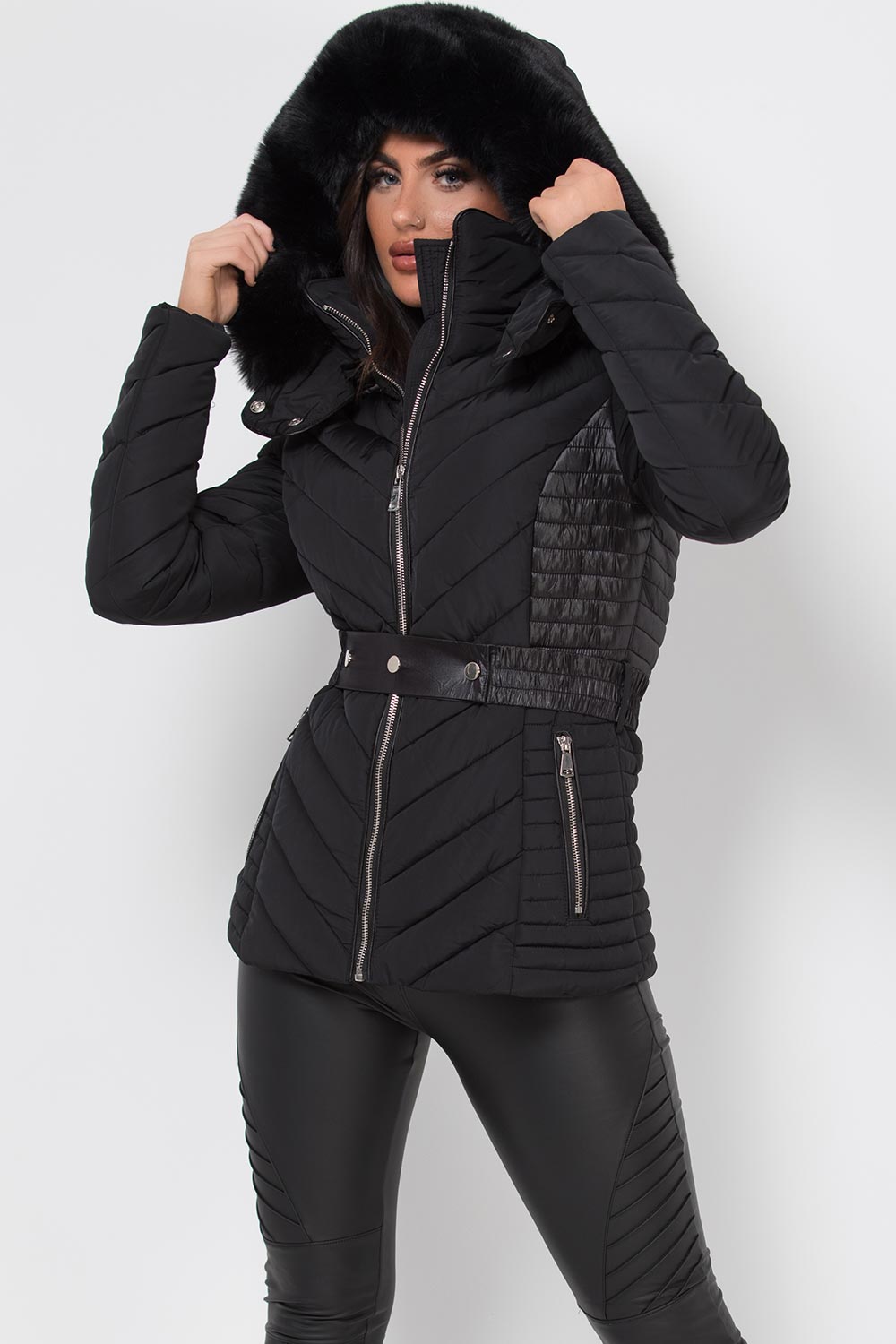 Black Puffer Quilted Jacket With Faux Fur Hood And Belt