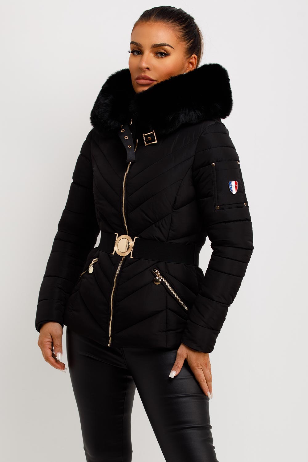 Puffer Jacket With Fur Hood And Belt Black