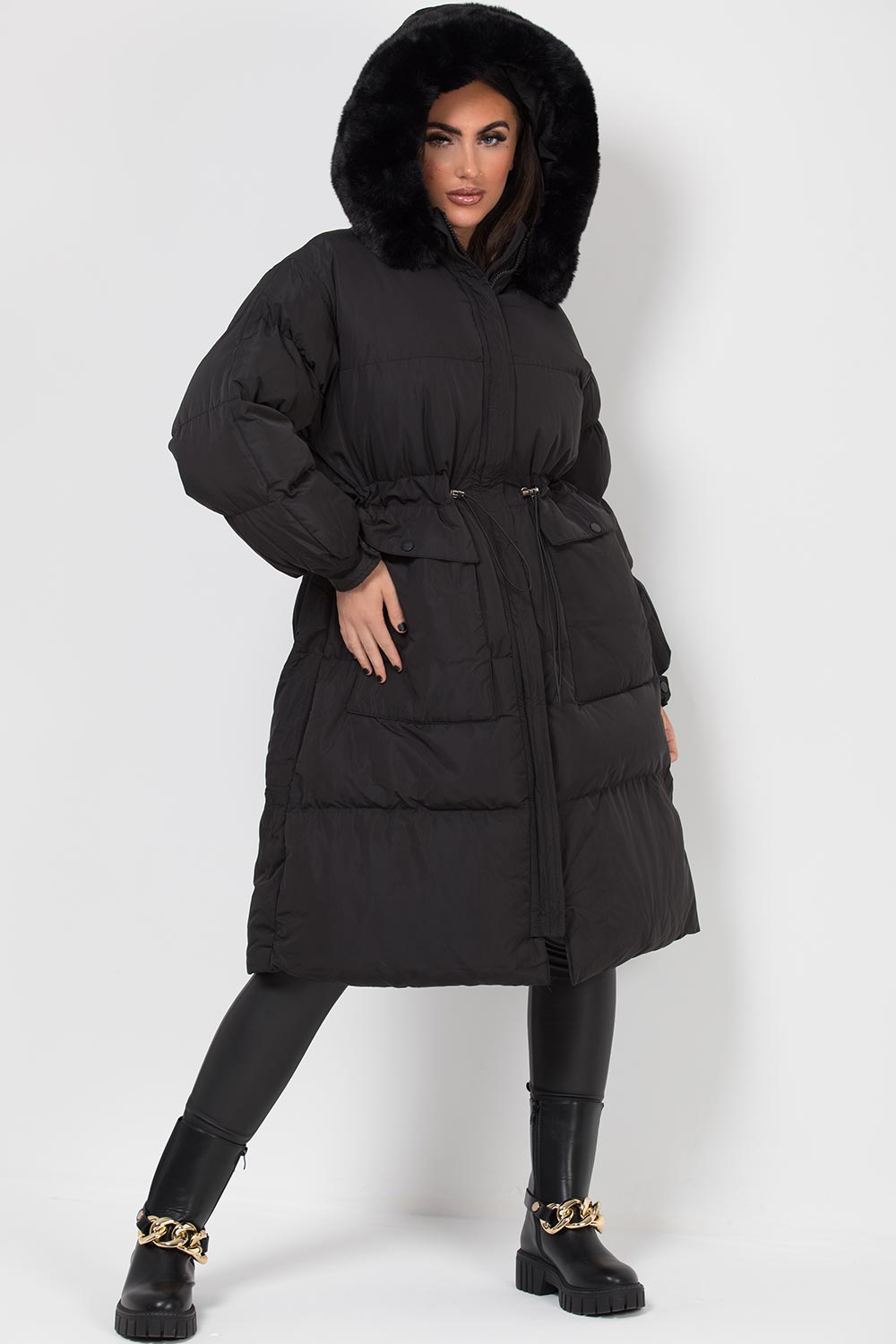 Long Black Puffer Coat With Faux Fur Hood And Drawstring Waist