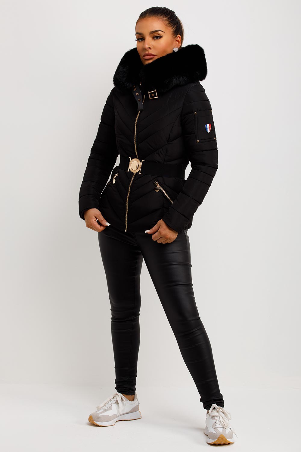 Puffer Jacket With Fur Hood And Belt Black