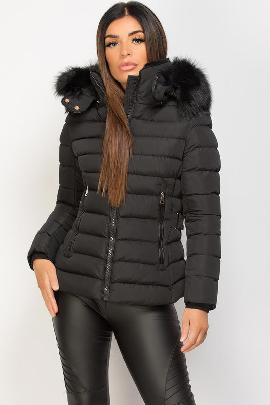 Black Puffer Jacket With Faux Fur Hood