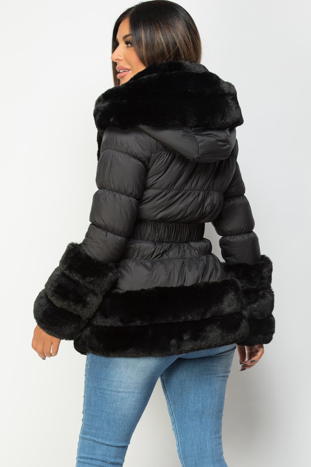 Faux Fur Trim Puffer Hooded Down Jacket With Belt