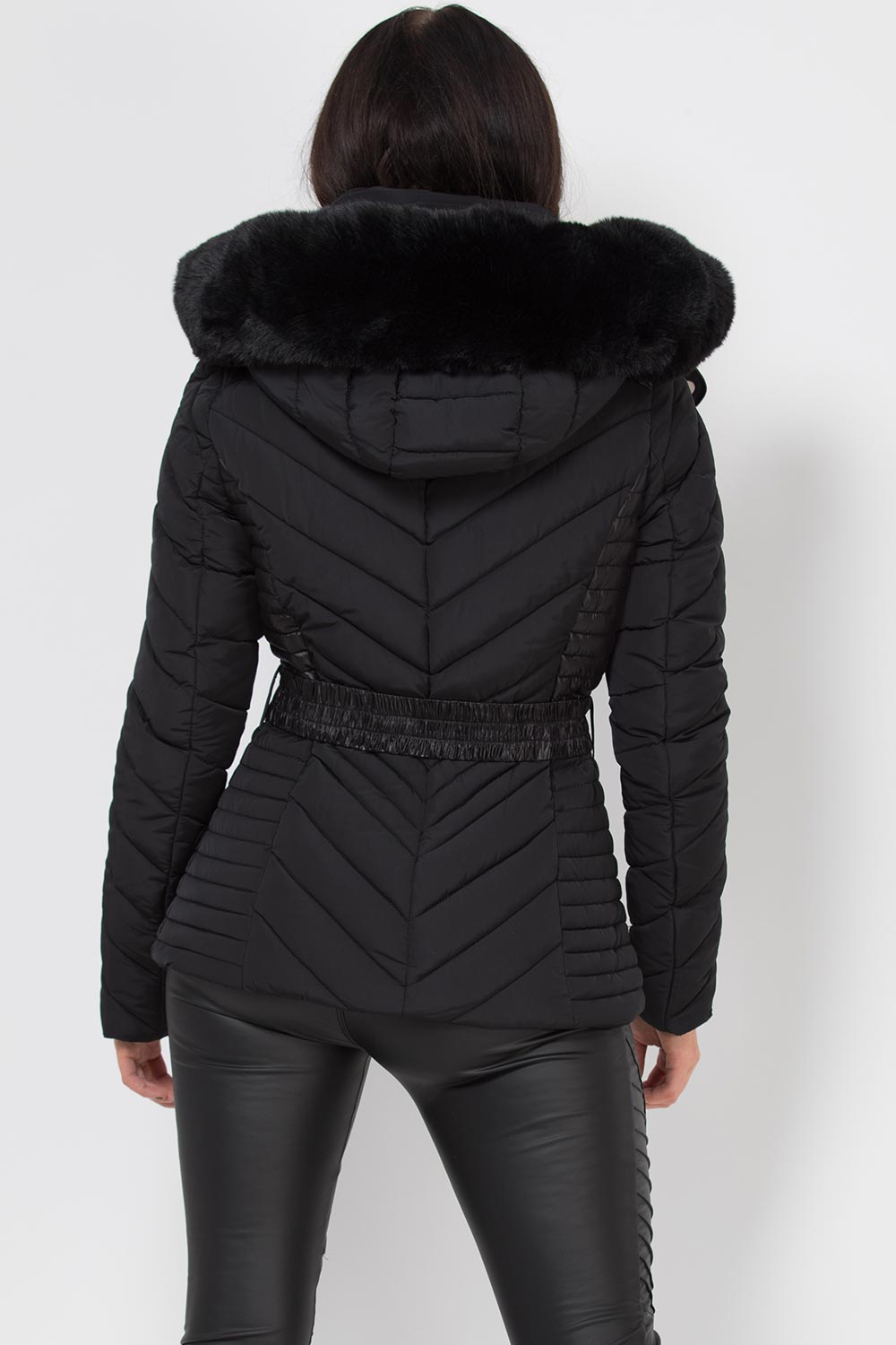 Black Puffer Quilted Jacket With Faux Fur Hood And Belt