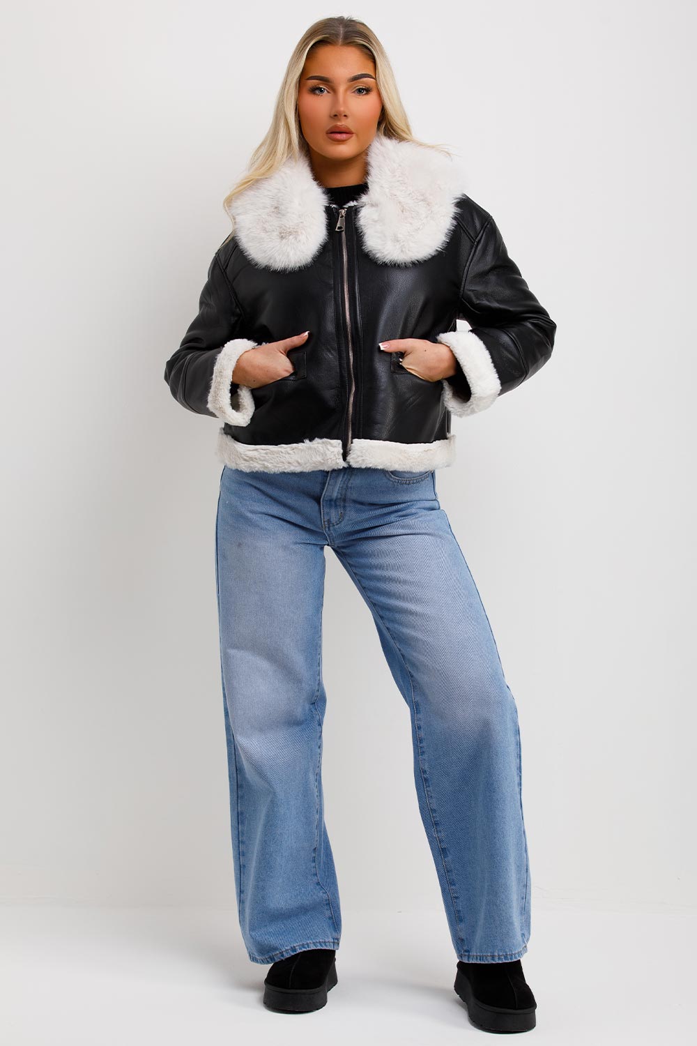 Crop Aviator Jacket With Fur Collar Black