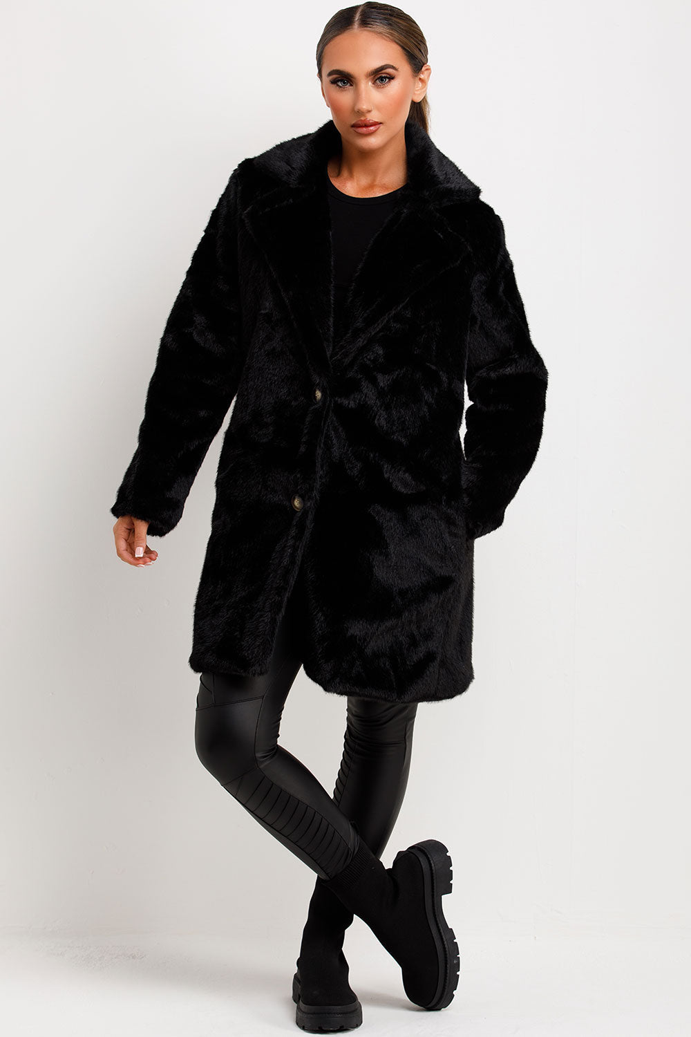 Black Faux Fur Coat With Lapel Collar