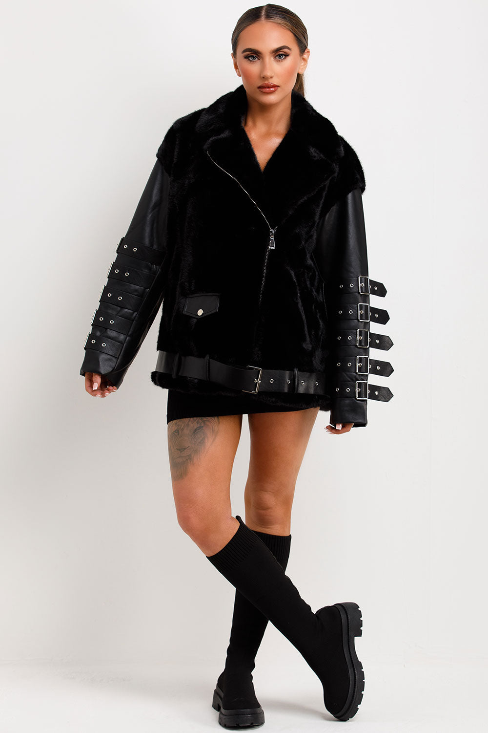 Faux Fur Faux Leather Aviator Jacket With Strap Sleeve Detail Black