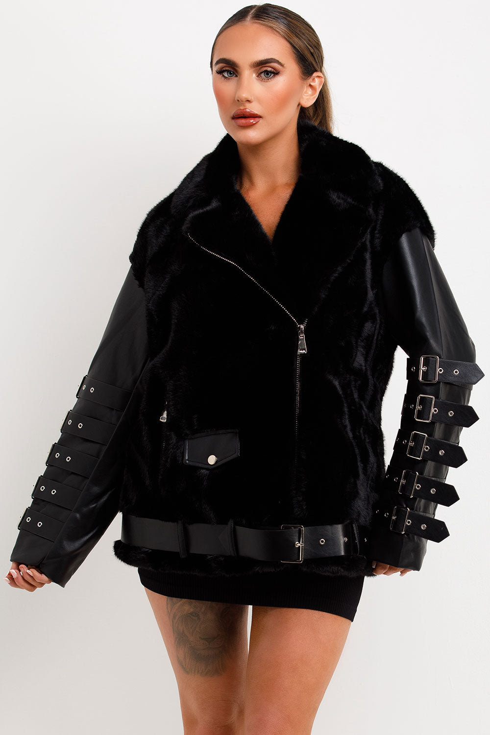 Faux Fur Faux Leather Aviator Jacket With Strap Sleeve Detail Black