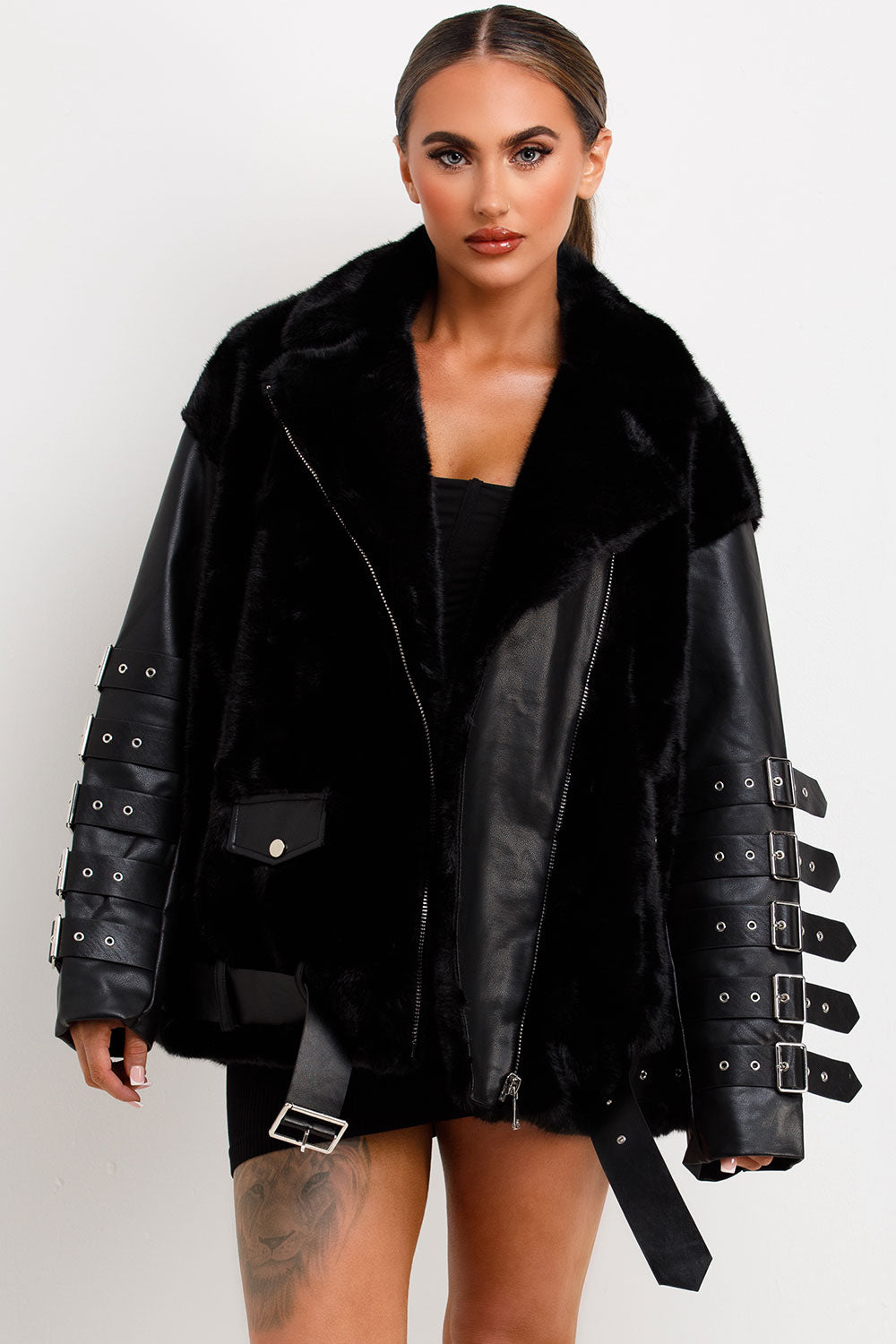 Faux Fur Faux Leather Aviator Jacket With Strap Sleeve Detail Black