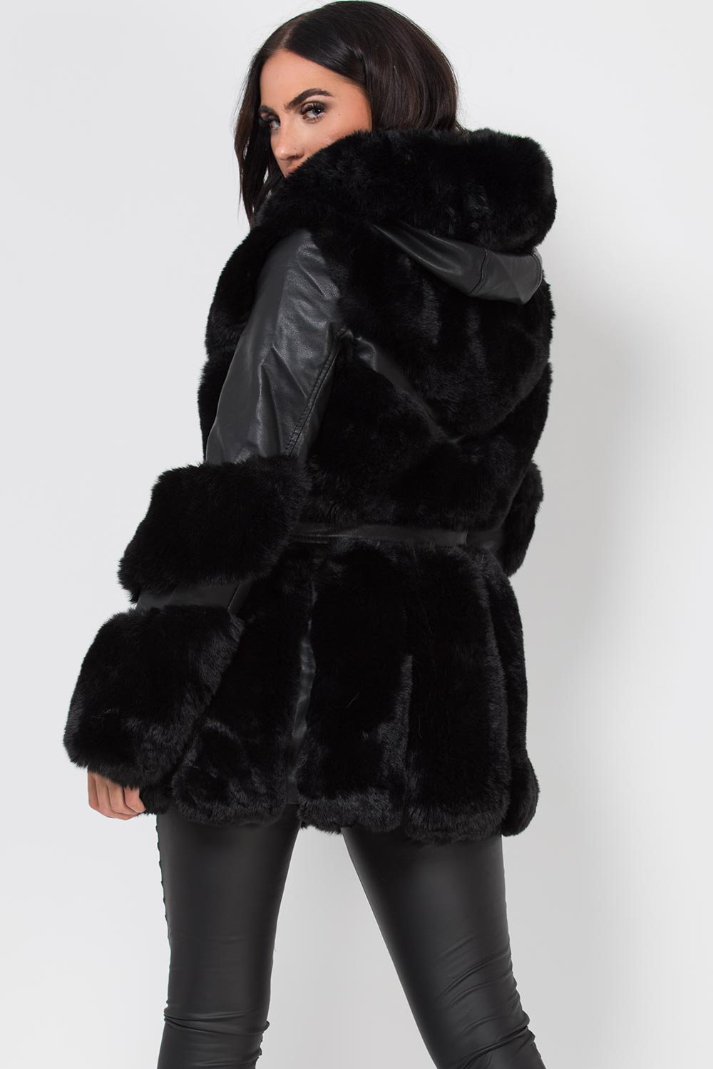 Faux Leather Faux Fur Panel Hooded Jacket With Belt Black