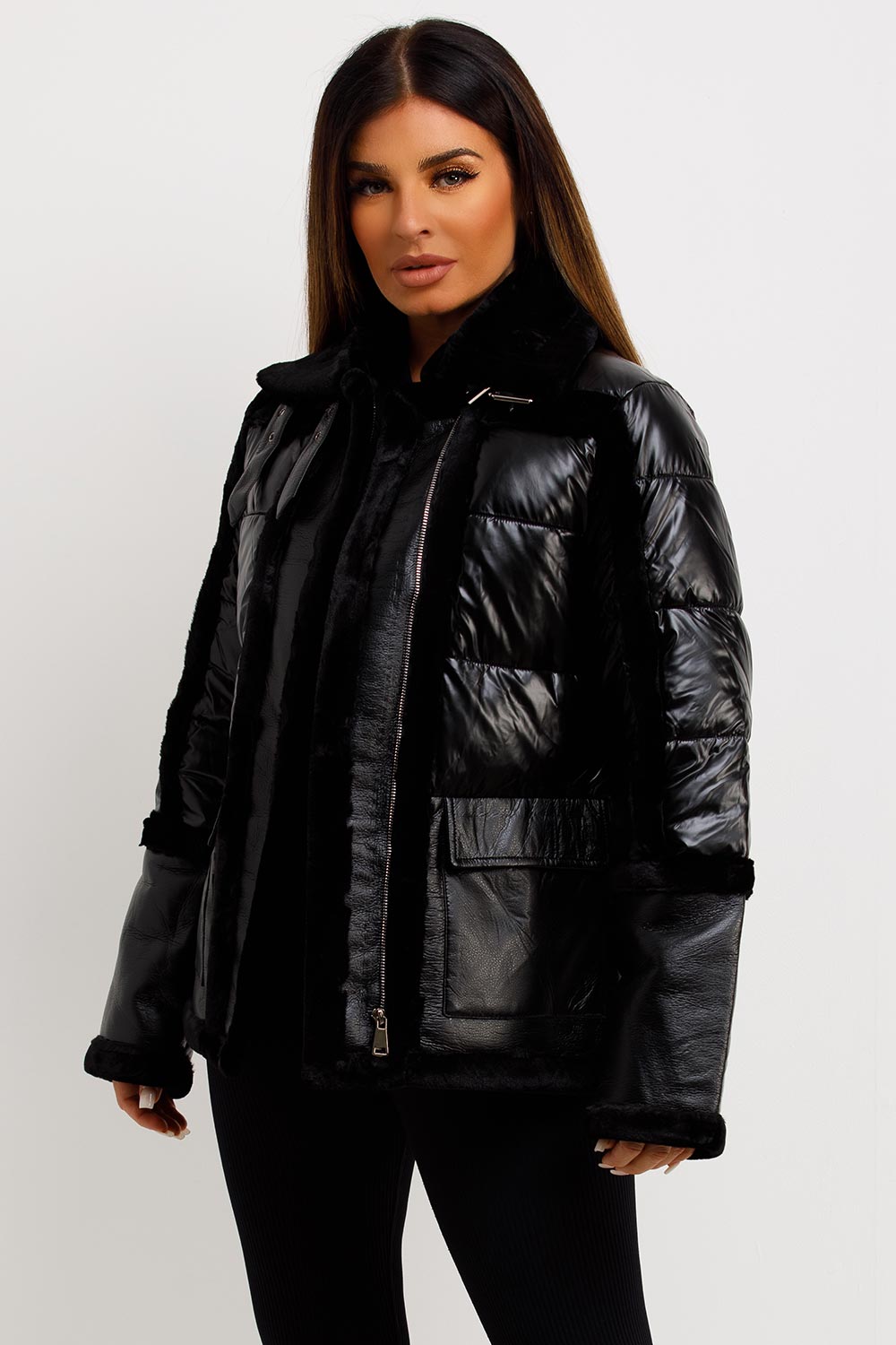 Faux Fur Trim Faux Suede Jacket Black