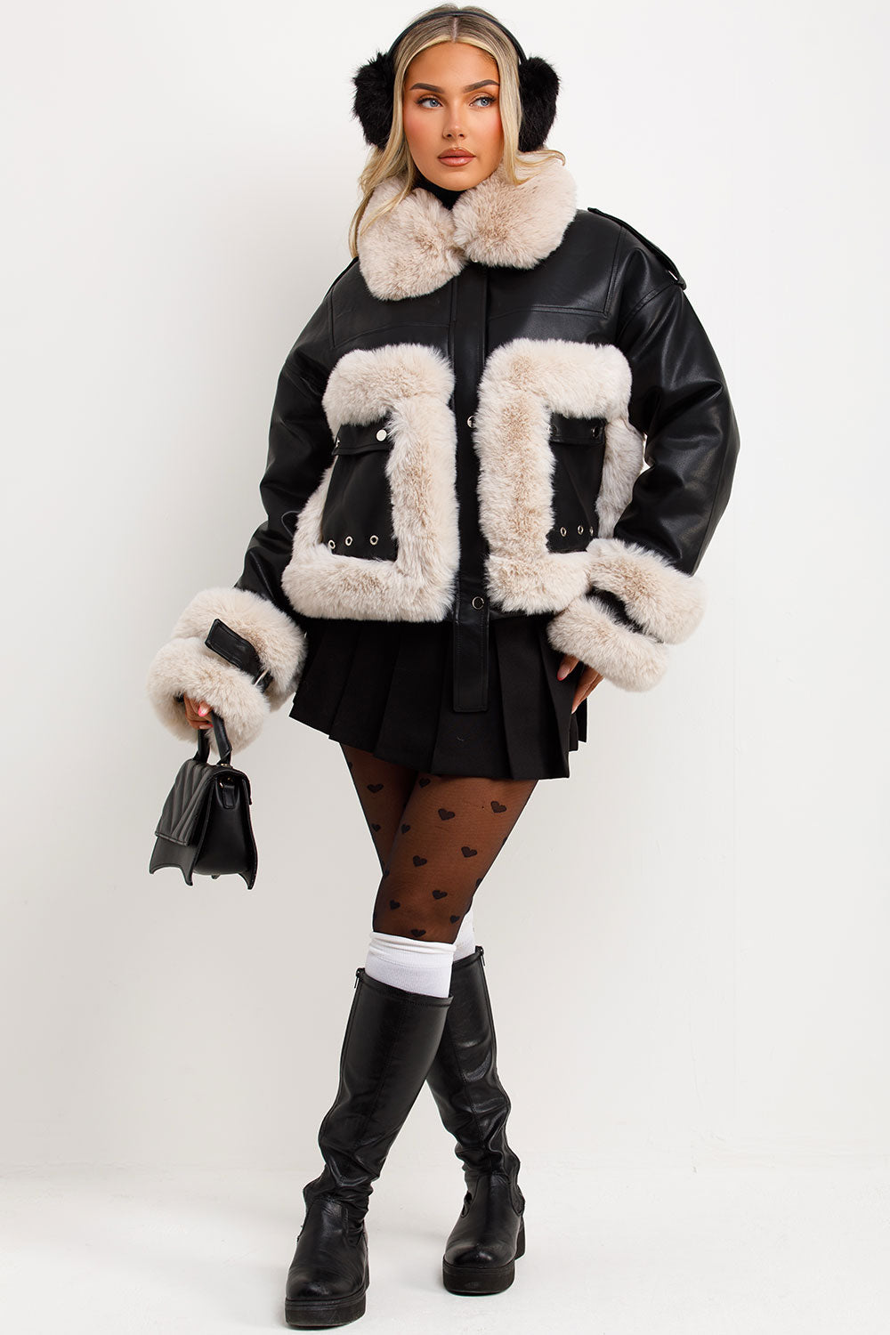 Faux Fur Trim Faux Leather Jacket Black