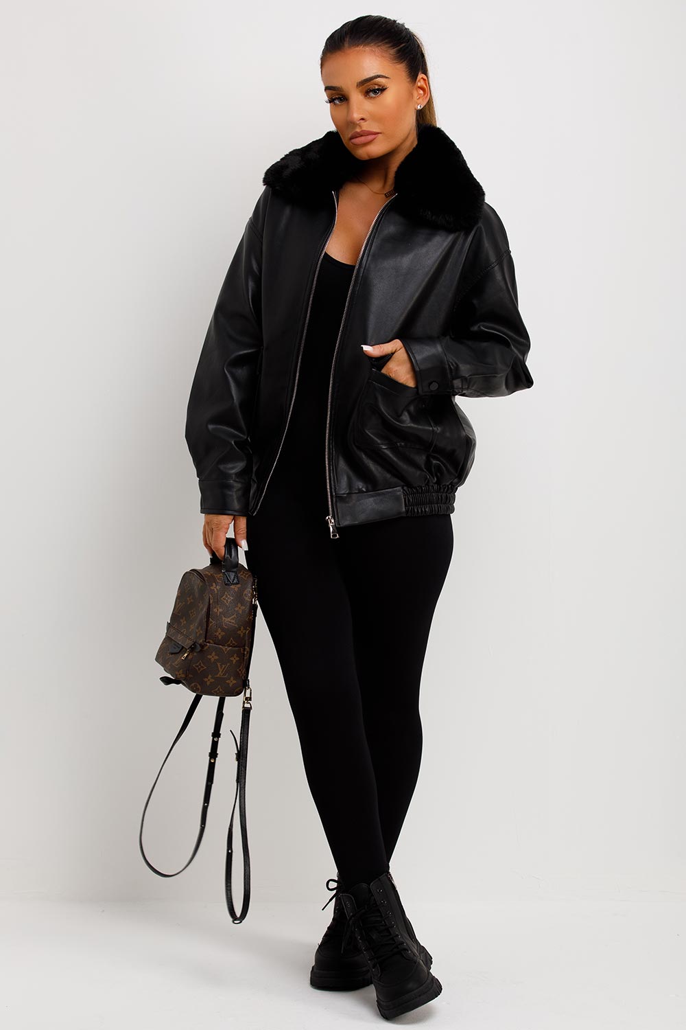 Faux Leather Jacket With Faux Fur Collar Black