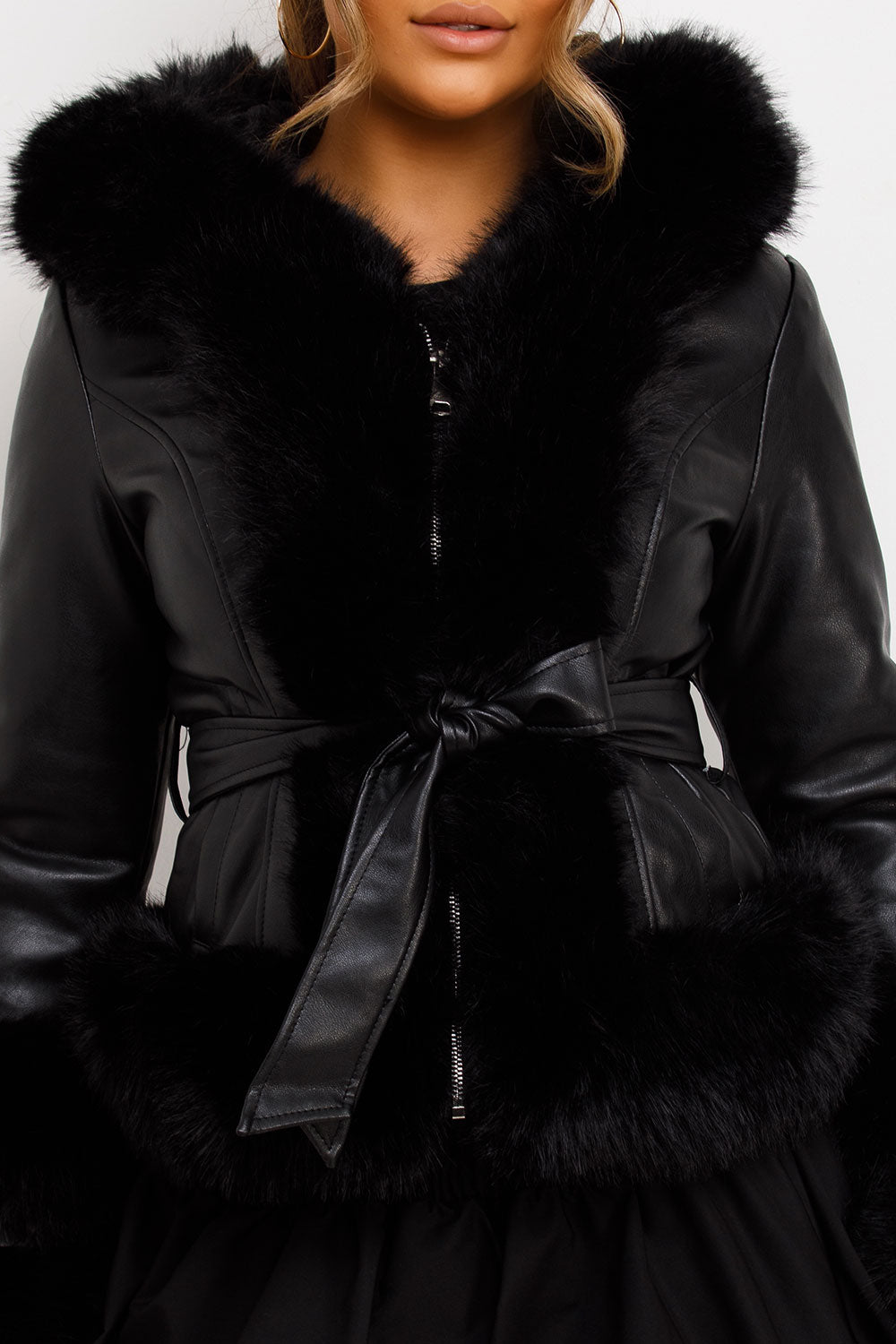 Faux Leather Fur Coat With Hood And Belt Black