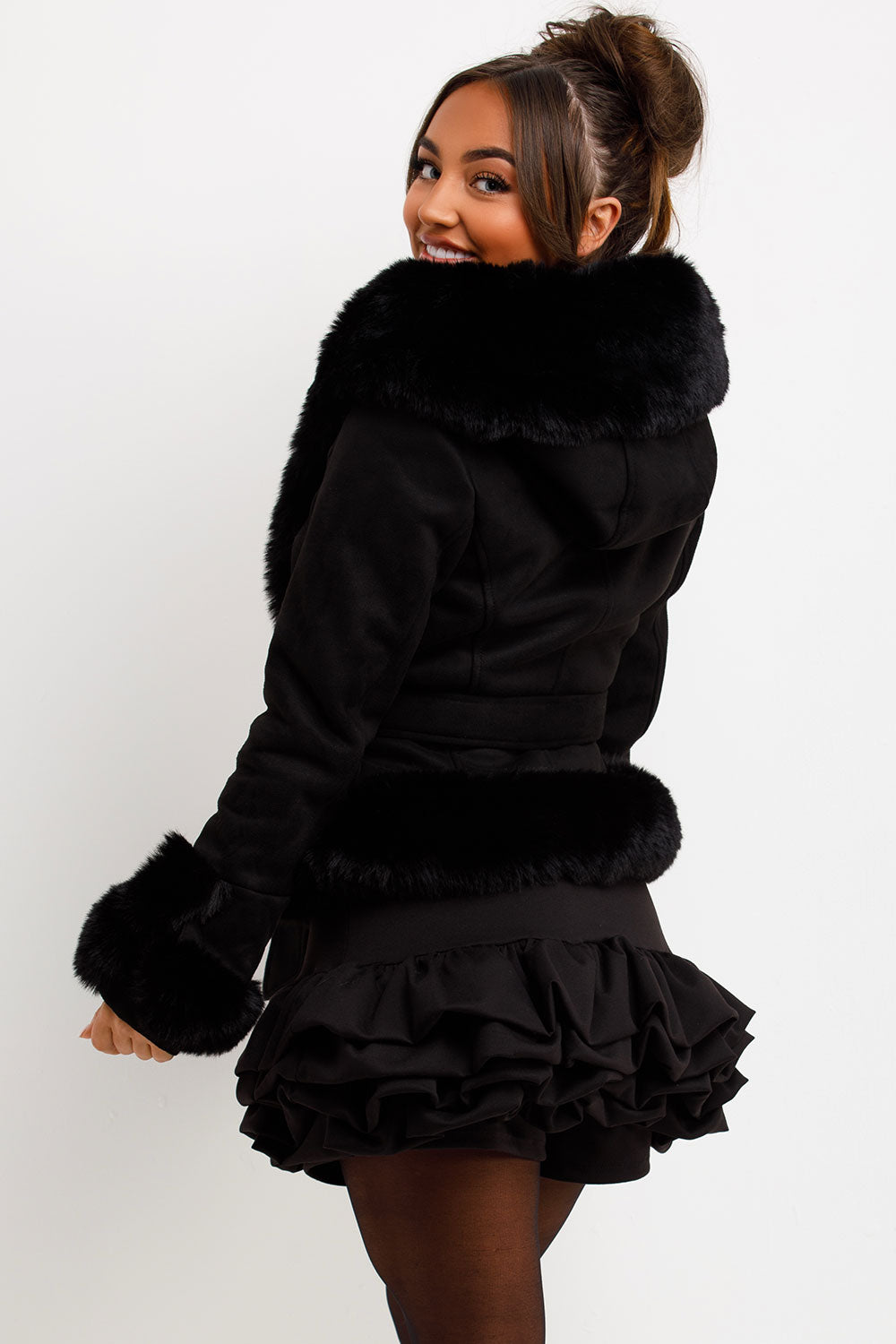 Faux Fur Faux Suede Jacket With Belt Black