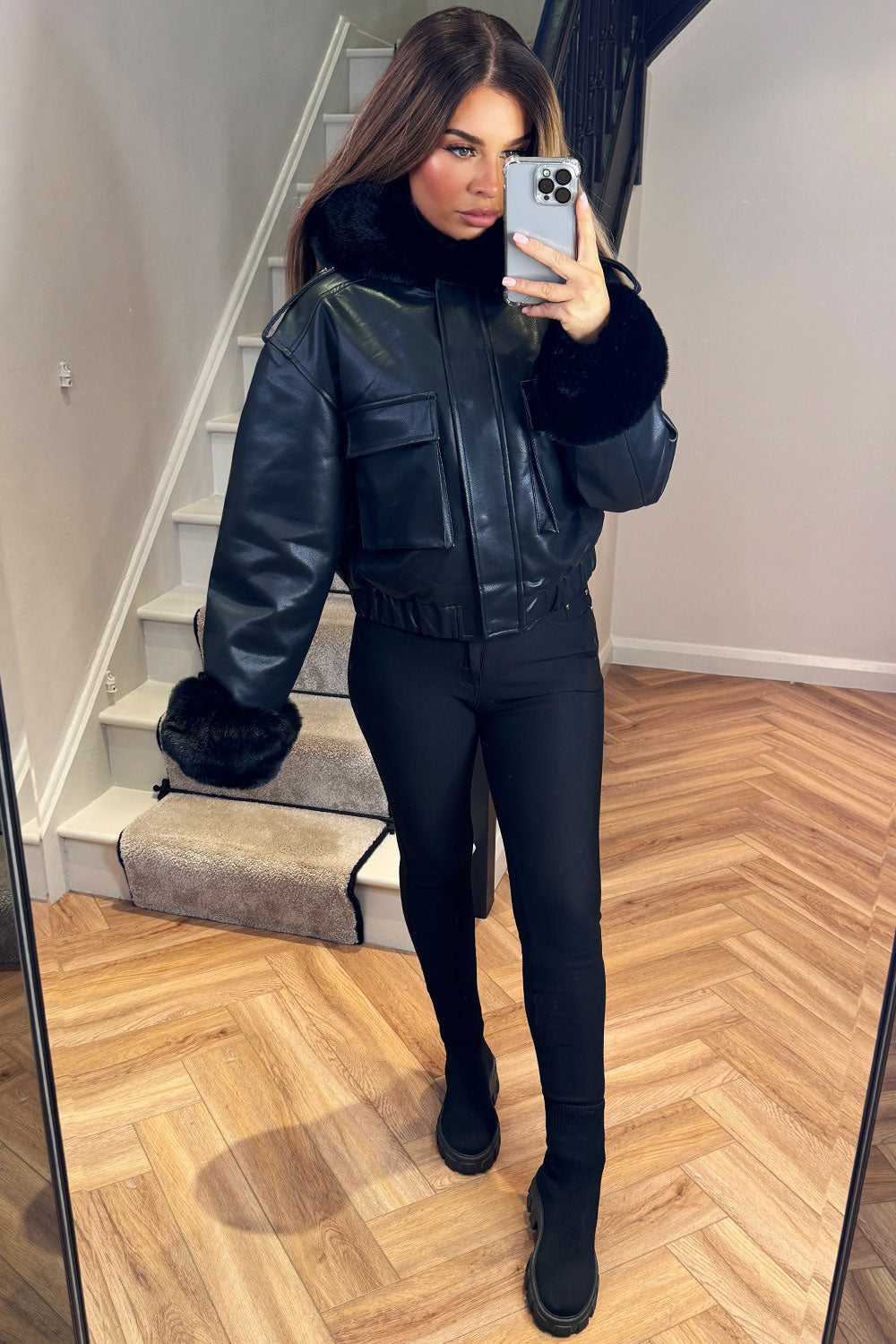 Faux Fur Bomber Jacket In Faux Leather Black