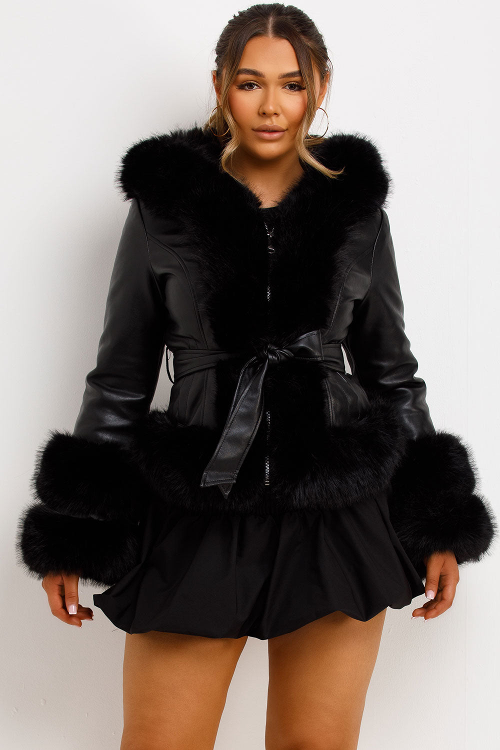 Faux Leather Fur Coat With Hood And Belt Black