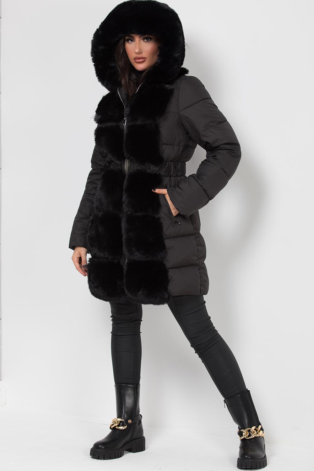 Long Puffer Coat With Faux Fur Hood And Trim Black