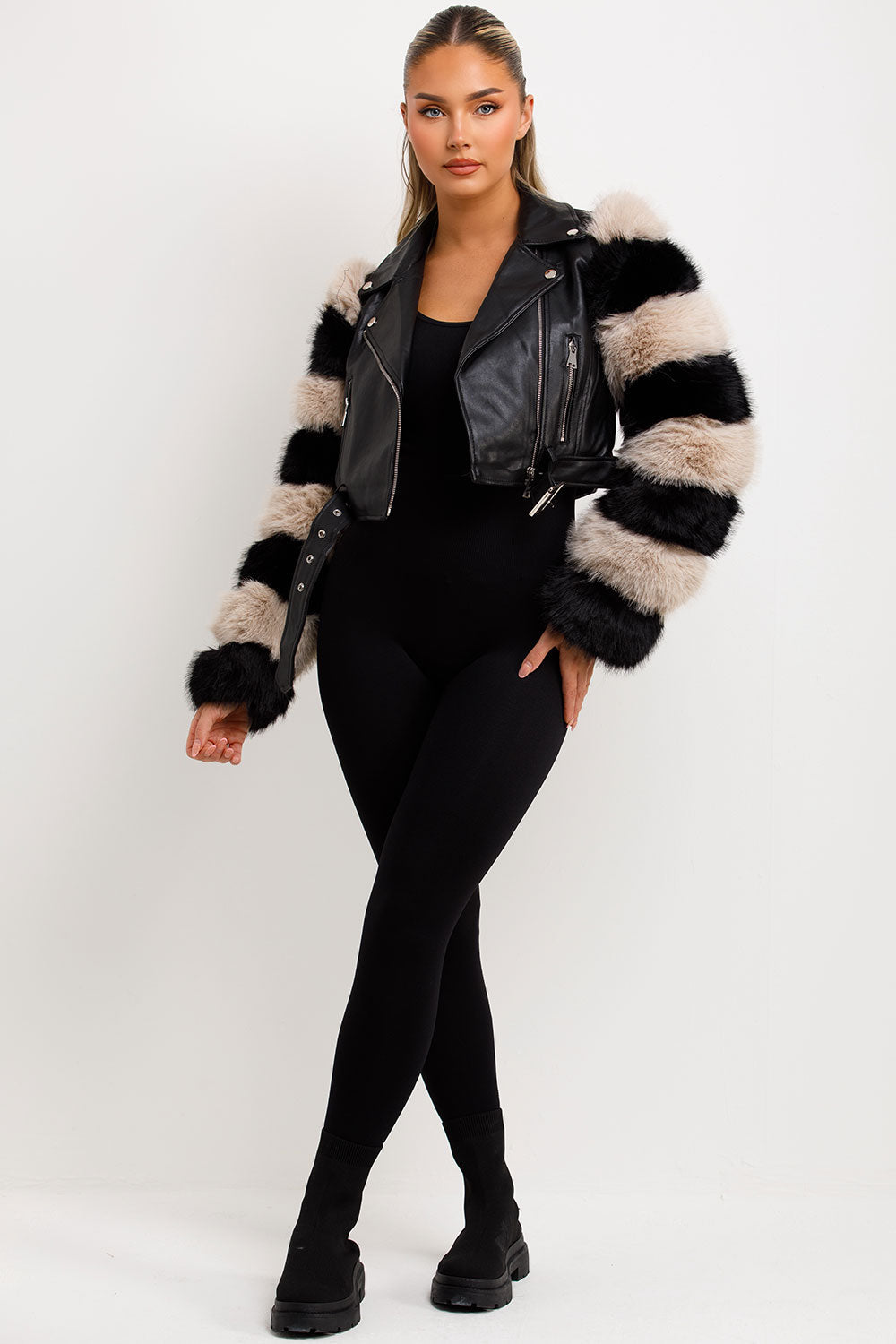 Faux Fur Faux Leather Aviator Jacket Black Contrast