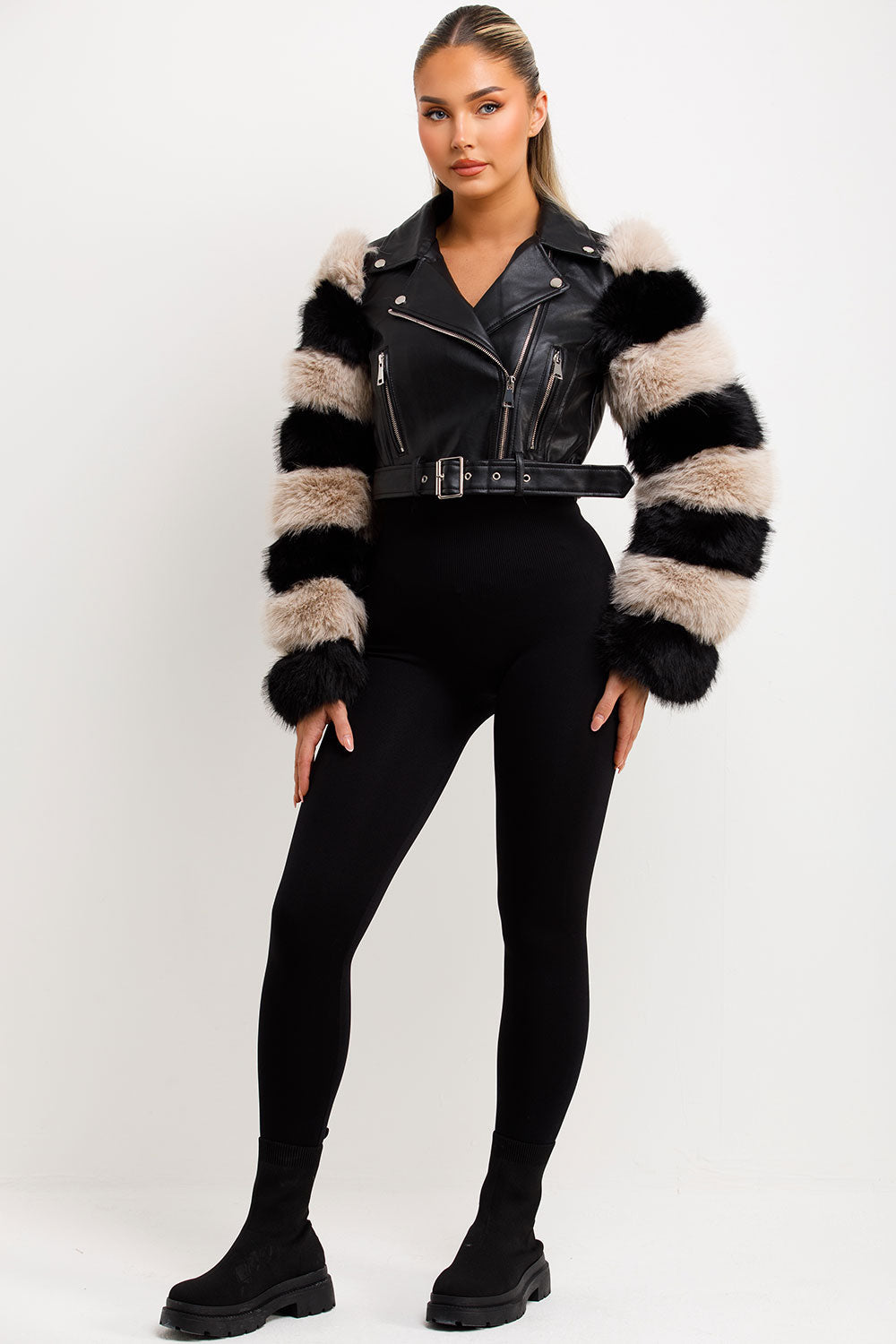 Faux Fur Faux Leather Aviator Jacket Black Contrast