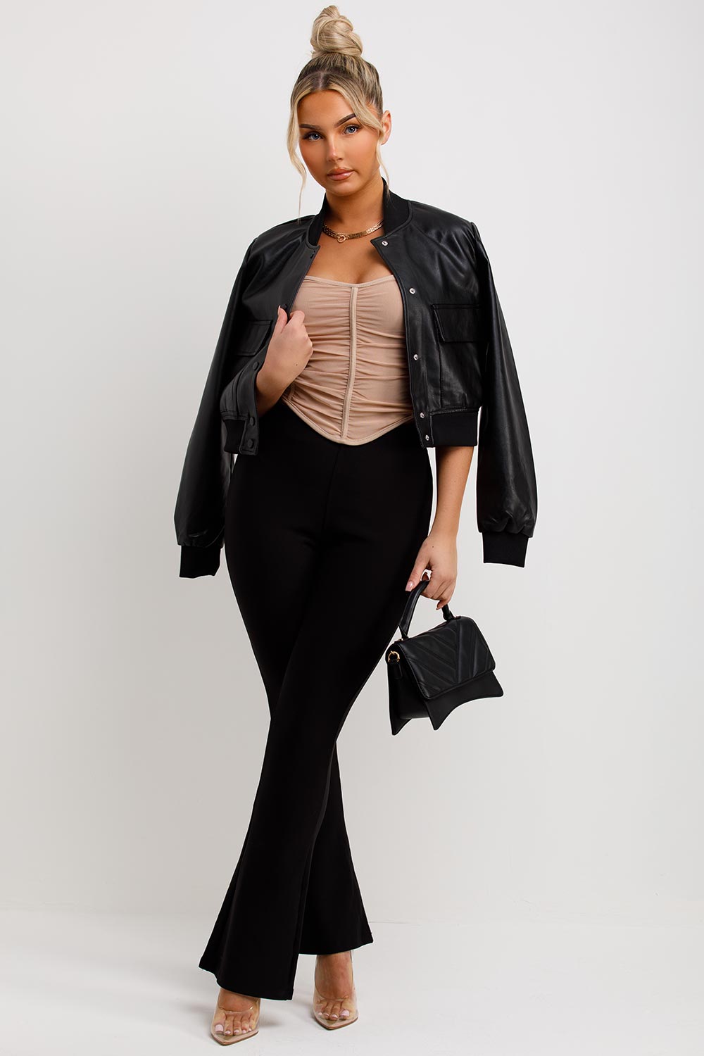 Black Faux Leather Bomber Jacket