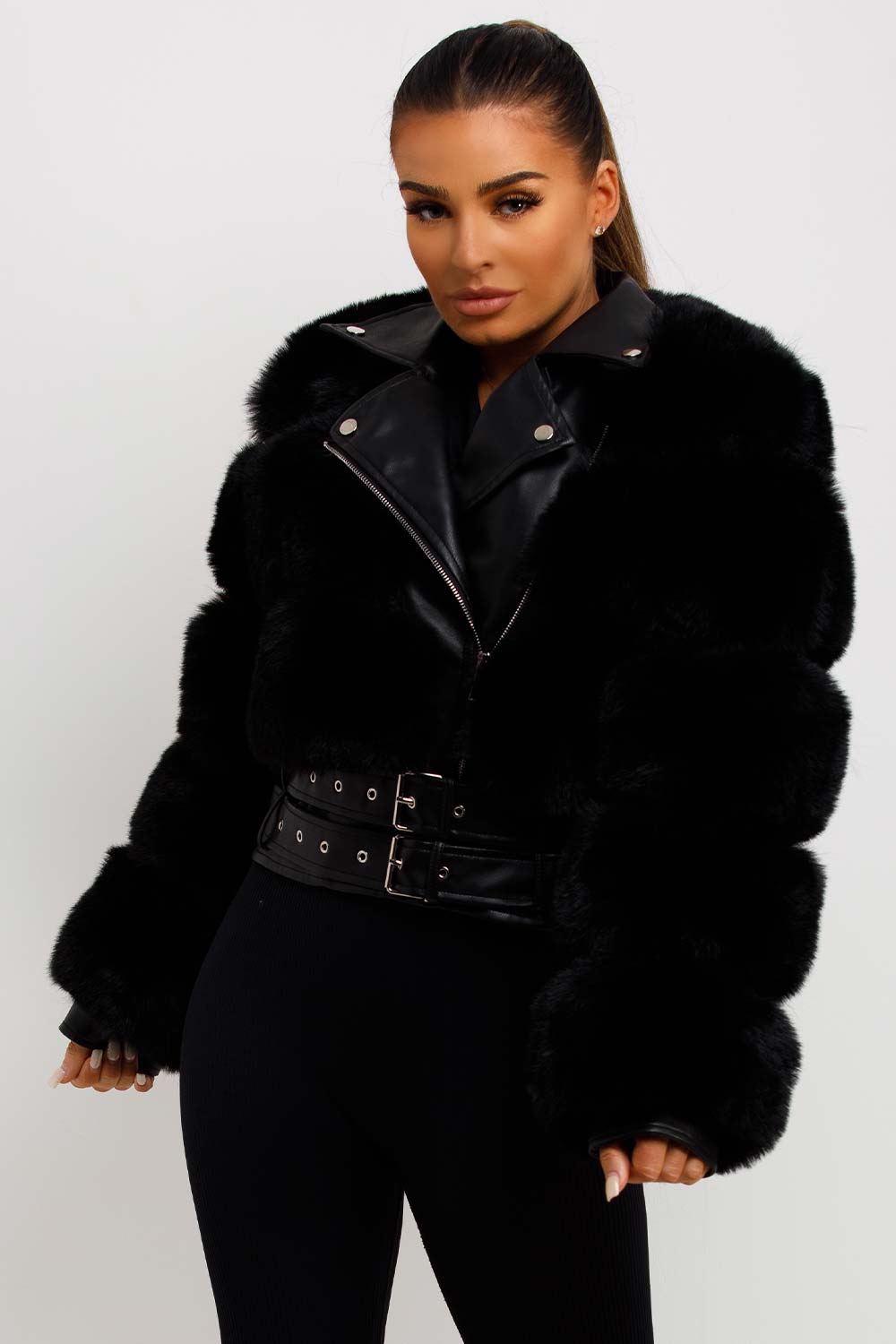 Faux Fur Faux Leather Aviator Jacket With Belt Black