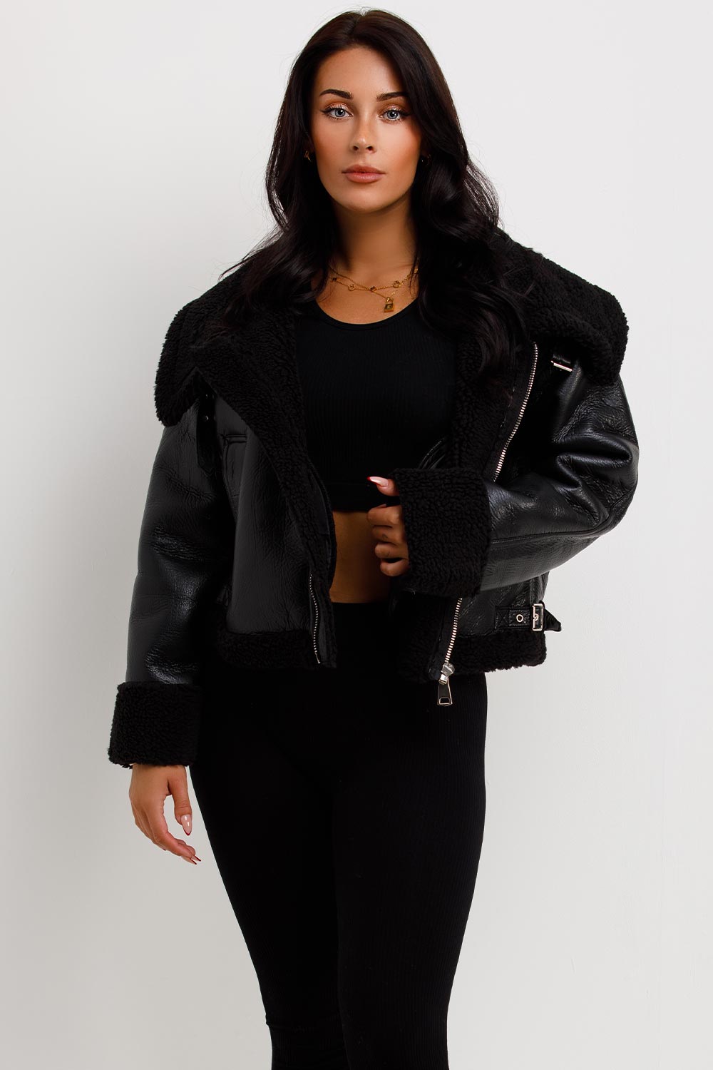 Black Faux Leather Aviator Jacket With Belt