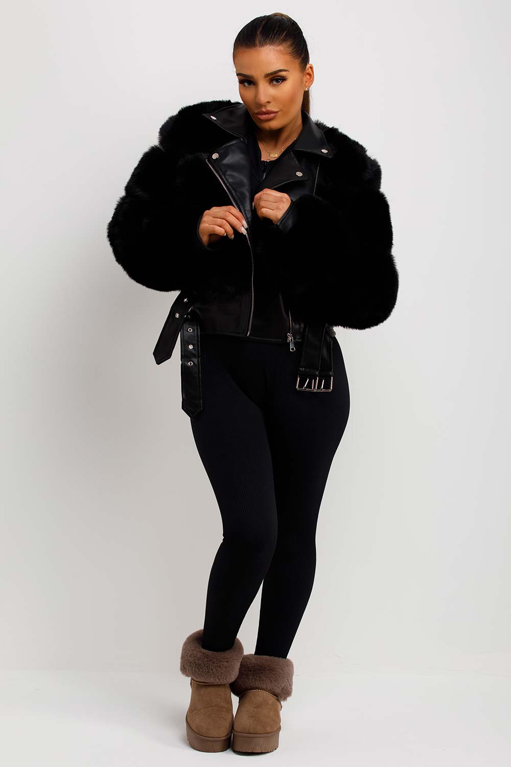 Faux Fur Faux Leather Aviator Jacket With Belt Black