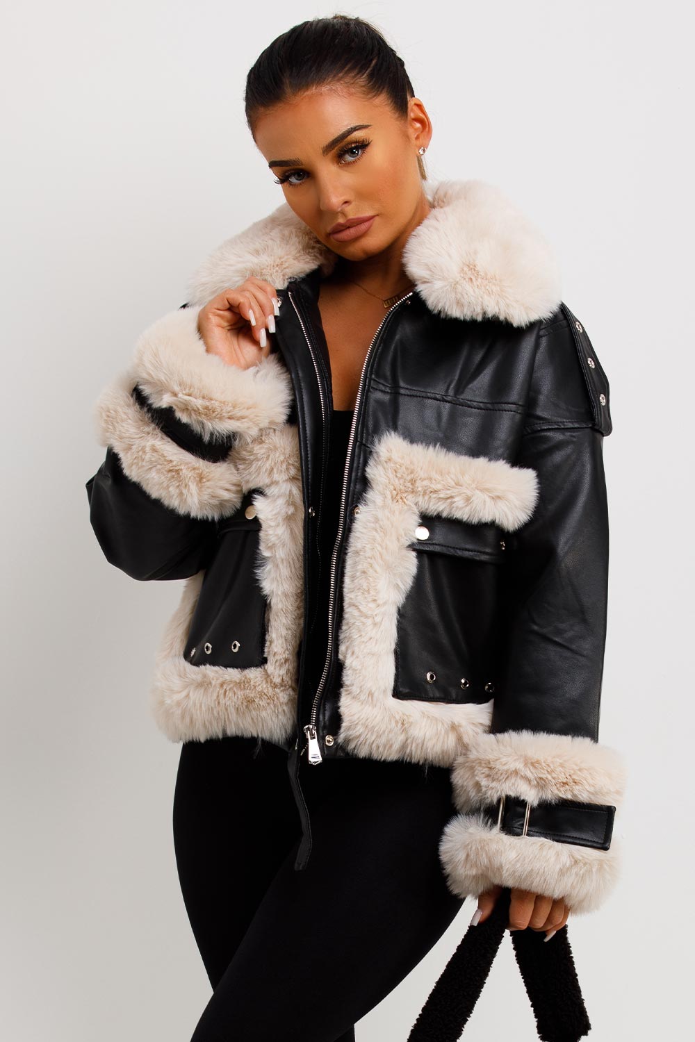 Faux Fur Trim Faux Leather Jacket Black