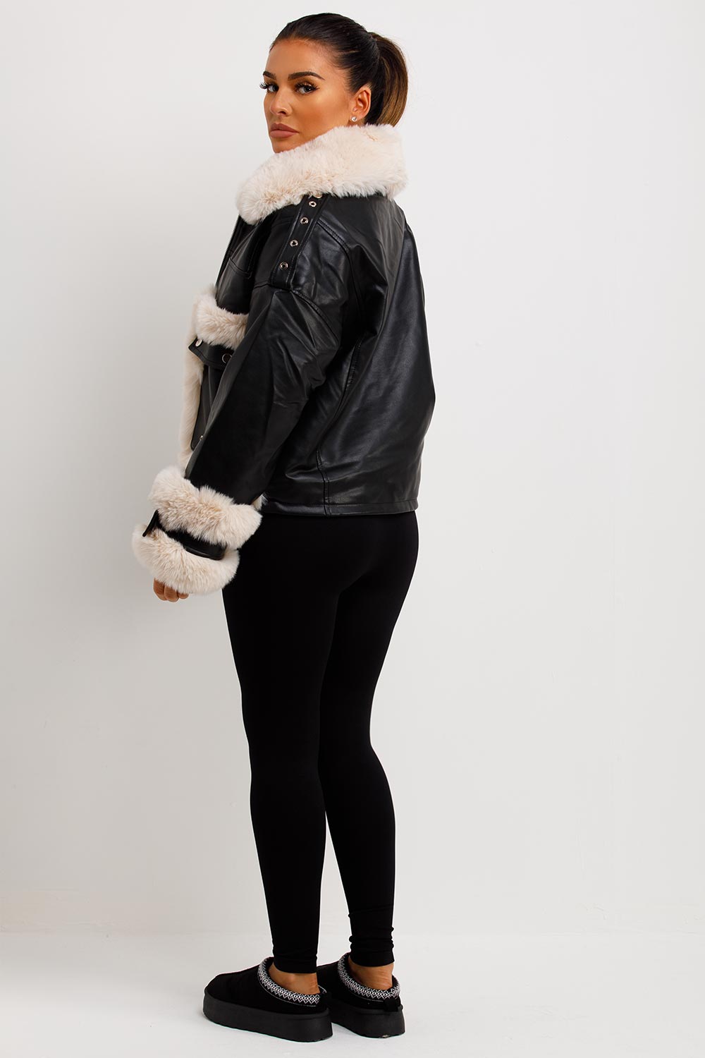 Faux Fur Trim Faux Leather Jacket Black