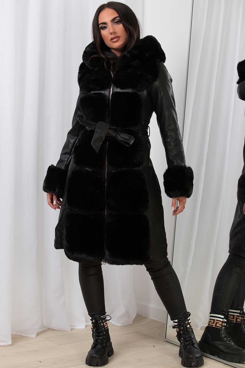 Faux Leather Faux Fur Longline Hooded Jacket Black