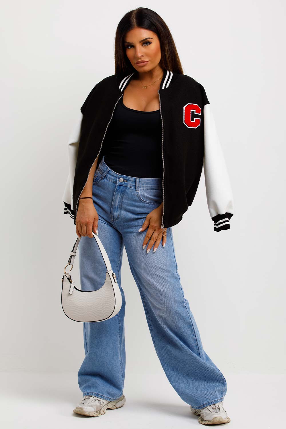 C Slogan Varsity Bomber Jacket Black And White