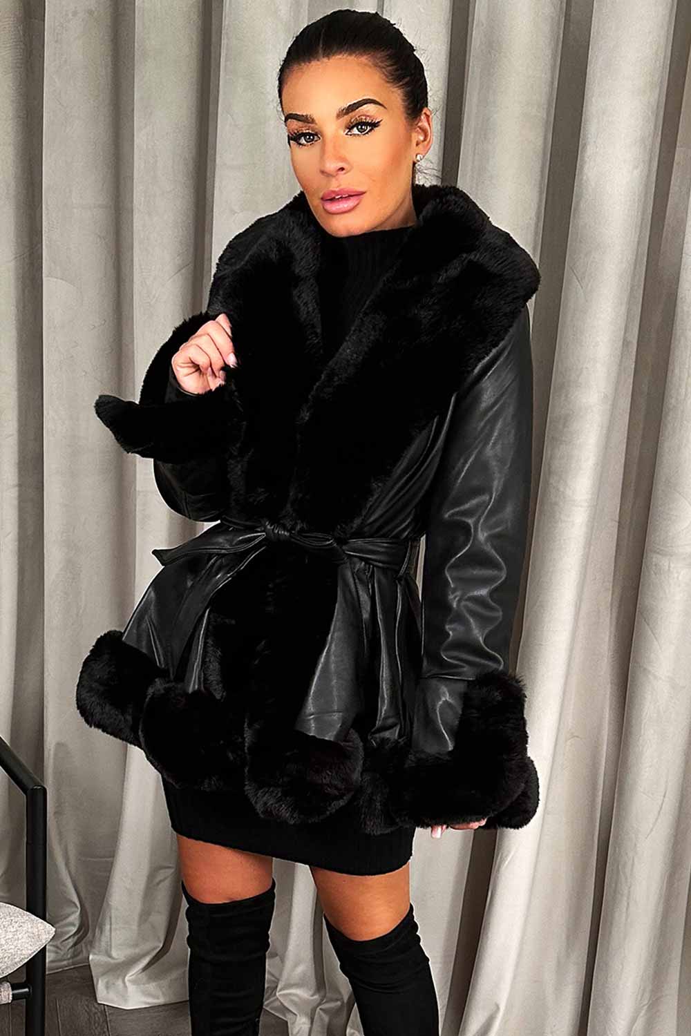 Black Faux Leather Faux Fur Belted Jacket