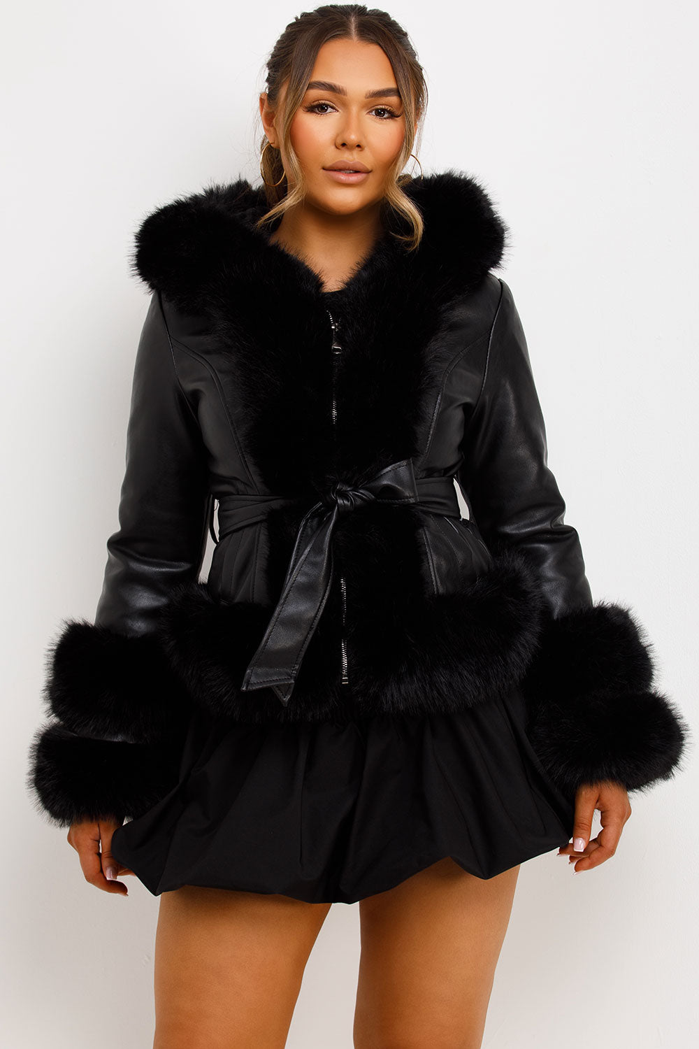 Faux Leather Fur Coat With Hood And Belt Black