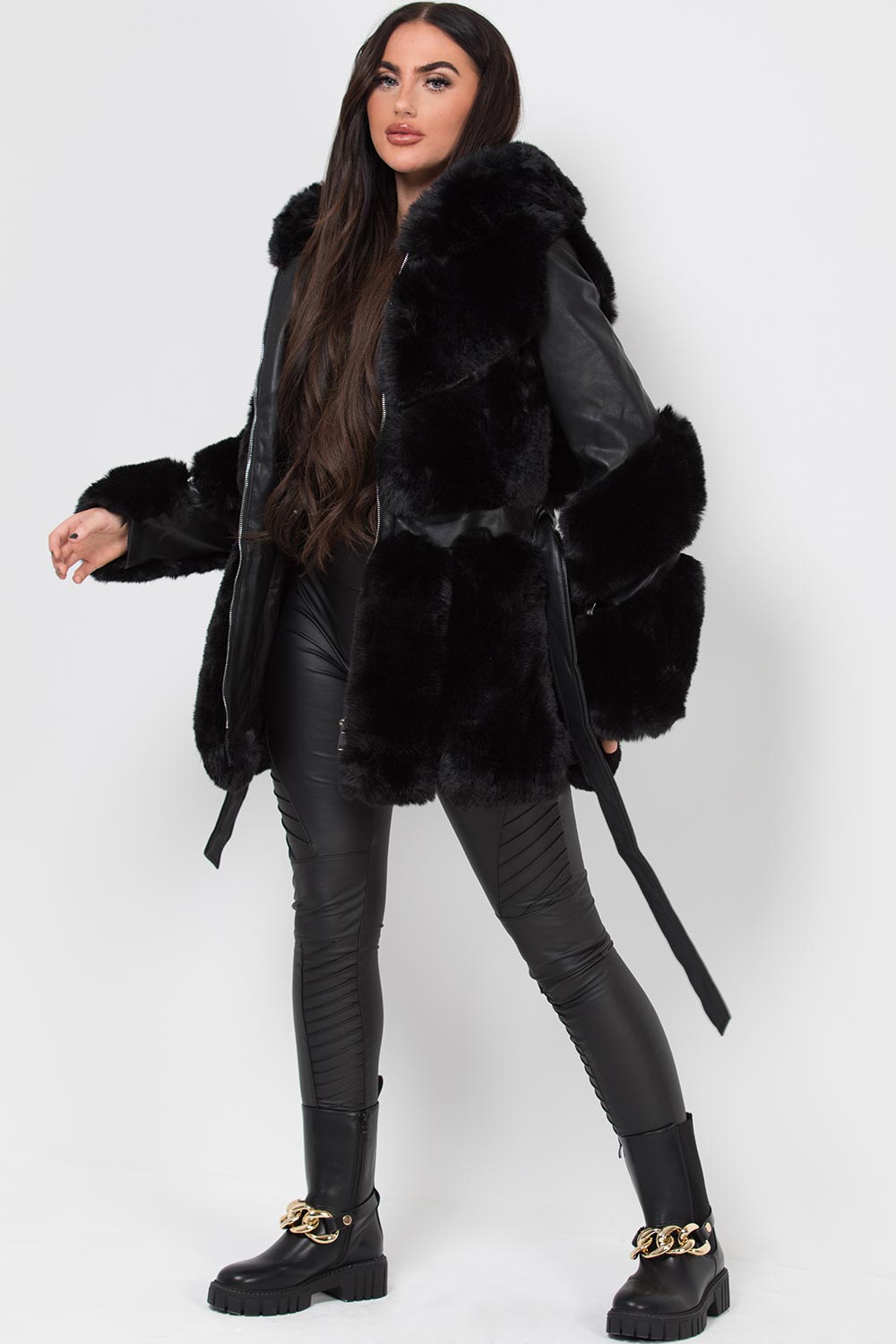 Faux Leather Faux Fur Panel Hooded Jacket With Belt Black