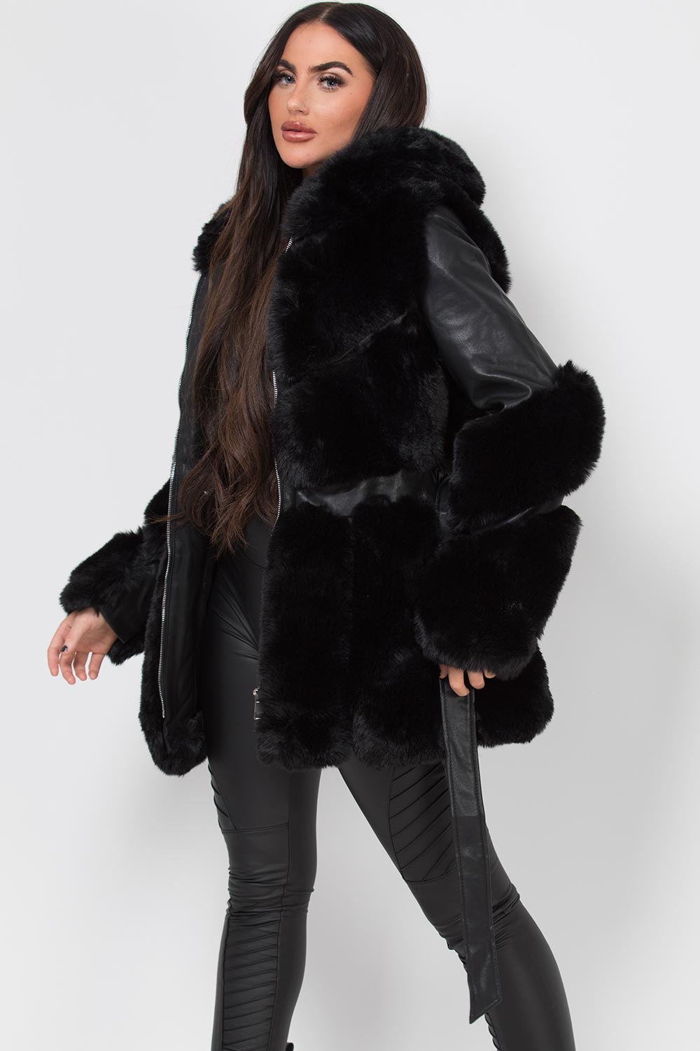 Faux Leather Faux Fur Panel Hooded Jacket With Belt Black