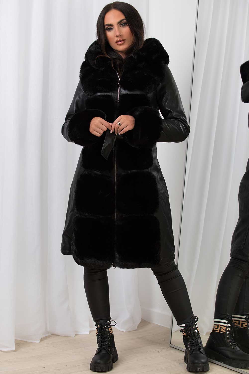 Faux Leather Faux Fur Longline Hooded Jacket Black