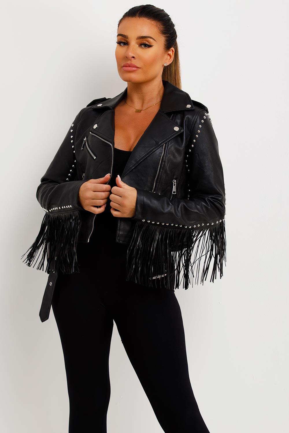 Black Faux Leather Biker Jacket With Tassels And Stud Detail